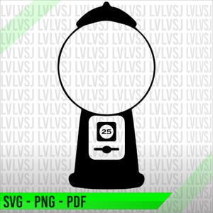 Könnte beinhalten: Eine Schwarzweißillustration einer Gummibärchenmaschine mit einem großen runden Gummibärchenbehälter und einem Münzeinwurf mit der Zahl 25 darin.