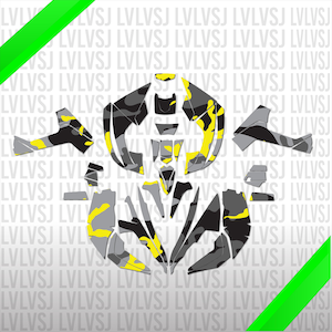 Op de afbeelding: Een verzameling grijze, zwarte en gele camouflage-patroonstickers, gerangschikt in een lay-out. Het ontwerp heeft verschillende vormen en maten, met een herhalend patroon van de letters "LVLVSJ" op de achtergrond. Een groene diagonale streep bevindt zich in de linkerboven- en rechterbenedenhoek.