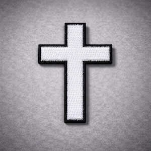 May include: White embroidered cross patch with a black border. The cross is centered on a grey background. The patch is a religious symbol.