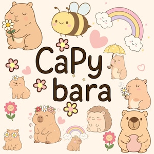 May include: Cute cartoon illustration featuring capybaras with flowers, rainbows, and a bee. The text "Capybara" is written in bold letters.