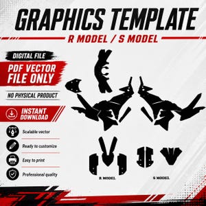 May include: A digital graphics template for R model and S model vehicles, featuring black vector silhouettes of body panels. The text reads GRAPHICS TEMPLATE, R MODEL / S MODEL, DIGITAL FILE, PDF VECTOR FILE ONLY, NO PHYSICAL PRODUCT, and INSTANT DOWNLOAD.