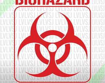 May include: A red biohazard symbol with three overlapping circles and a black center inside a white square with the word "BIOHAZARD" in black letters above the symbol. The background is white with a repeating pattern of the letters "LVLS".