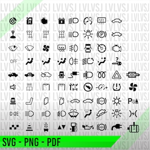 May include: A black and white set of 48 car dashboard warning light icons. The icons are arranged in a grid pattern and include symbols for things like low tire pressure, engine temperature, and battery.