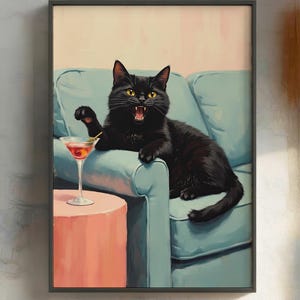 猫のアートワーク、黒猫のウォールアート、バーカートの装飾、猫の装飾、猫のプリント、ダイニングルームの装飾、ミッドセンチュリーモダンの装飾、印刷可能なデジタル