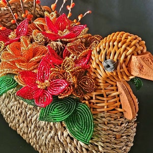Turkey Figural Wicker Basket Filled with French Beaded Flowers