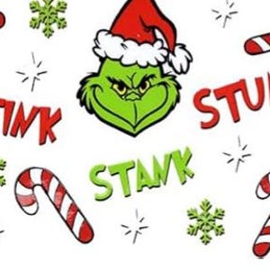 Puede incluir: Un Grinch verde con un gorro de Papá Noel rojo con las palabras "Stink Stunk" en letras rojas sobre un fondo blanco.
