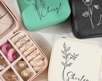 Estuche de viaje para joyas con flores de nacimiento, regalo de flores para el mes de nacimiento, regalo de cumpleaños personalizado, estuche de viaje de cuero para joyas, estuche de joyería personalizado