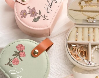 Anpassad resesmyckesask, brudtärnepresent till syster, smyckesask i läder med födelseblommor, halsband, ring, örhängen förvaringsask