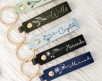Personalized Birth Flower Keychain, Engraved Leather Keyring, Custom Birthday Gifts for Her, Birth Flwoer Gift with Name,Bridesmaid Gifts