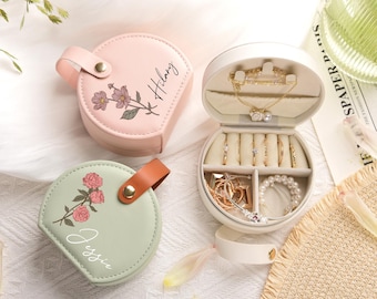 Boîte à bijoux de voyage personnalisée, cadeau de demoiselle d'honneur pour soeur, organisateur de bijoux en cuir avec fleurs de naissance, collier, bague, boucles d'oreilles, étui de rangement