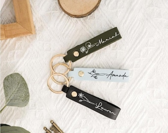 Personalized Birth Flower Keychain,Custom Engraved Leather Keyring,Personalized Gifts for Her, Birth Flwoer Gift with Name,Mother's Day Gift