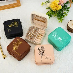 Kundenspezifische Geburtsblumen-Schmuckschatulle, Lederschmuck-Reisebox, Schmuckorganisator, Reiseschmuckschatulle, Muttertag, Geburtstagsgeschenke für sie