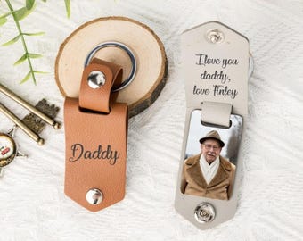 Personalized Mens Leather Keychain with Photo, Metal Tag Photo Keychain, Engraved Key Chain, Gifts for Couples, Father's Day Gift