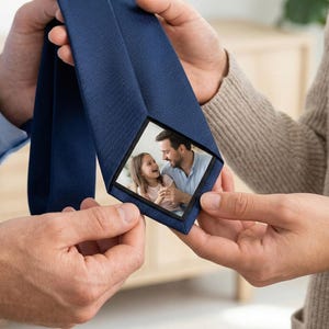 Puede incluir: Corbata azul marino con un diseño texturizado. La corbata presenta una fotografía enmarcada de un hombre y un niño. La corbata está siendo sostenida por dos personas.