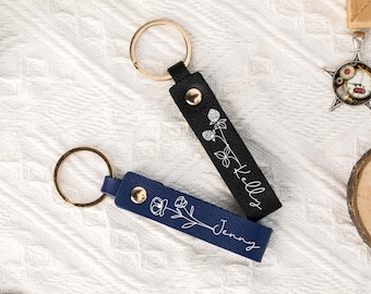 Engraved Leather Keyring, Custom Birthday Gifts for Her, Personalized Birth Flower Keychain, Birth Flower Gift with Name,Mothers Day Gifts