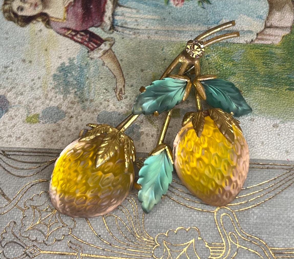 Vintage Signed Austrian Frosted Strawberry Glass Fruit Brooch Pin