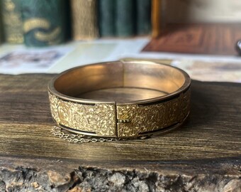 Antique Floral Gold Filled Dunn Bros Bangle Bracelet With Black