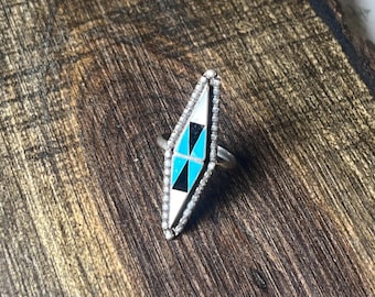 Sterling Silver Navette Shaped MOP Turquoise & Black Onyx Inlay Ring Size 5 V1091