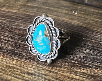 Turquoise Ring Sterling Silver Size 7 Signed AJB Rose & Allen Joe