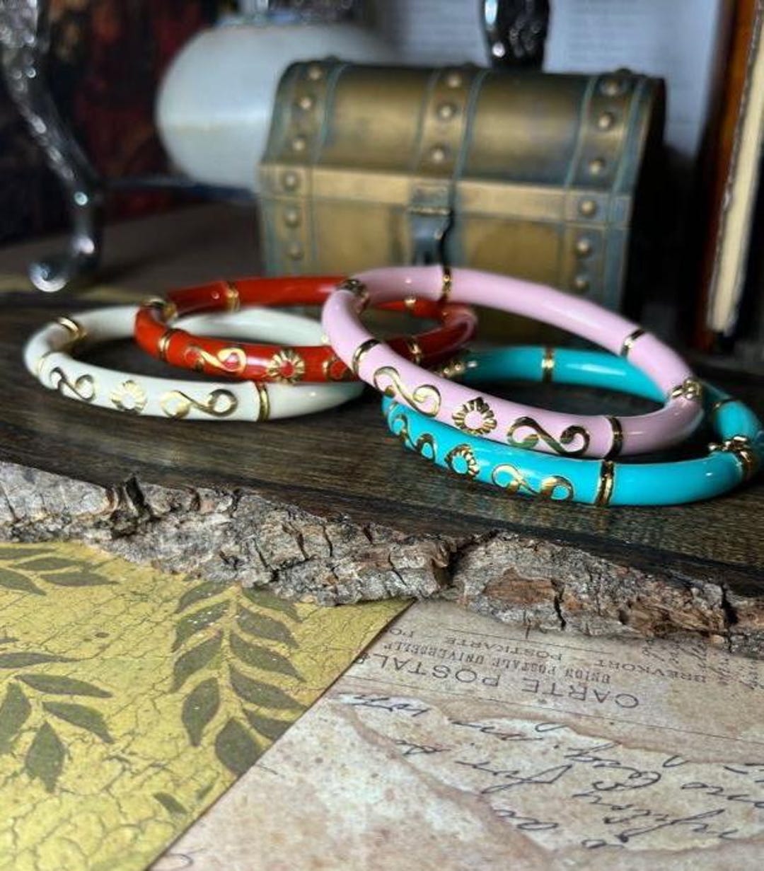 Set of 4 Colorful Enamel Bangles Cream Pink Teal & Red Gold Vermeil ...