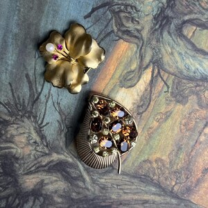May include: Two vintage brooches. One is a gold-toned flower with a pearl and purple accents. The other is a leaf-shaped brooch with brown and clear crystals. Both are set against a muted, artistic background.