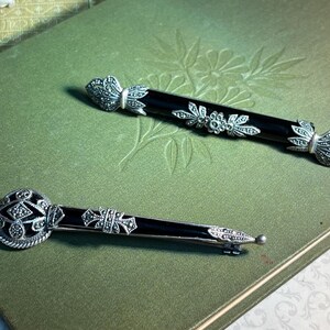 Silver Onyx Marcasite Pin - Etsy display picture 2