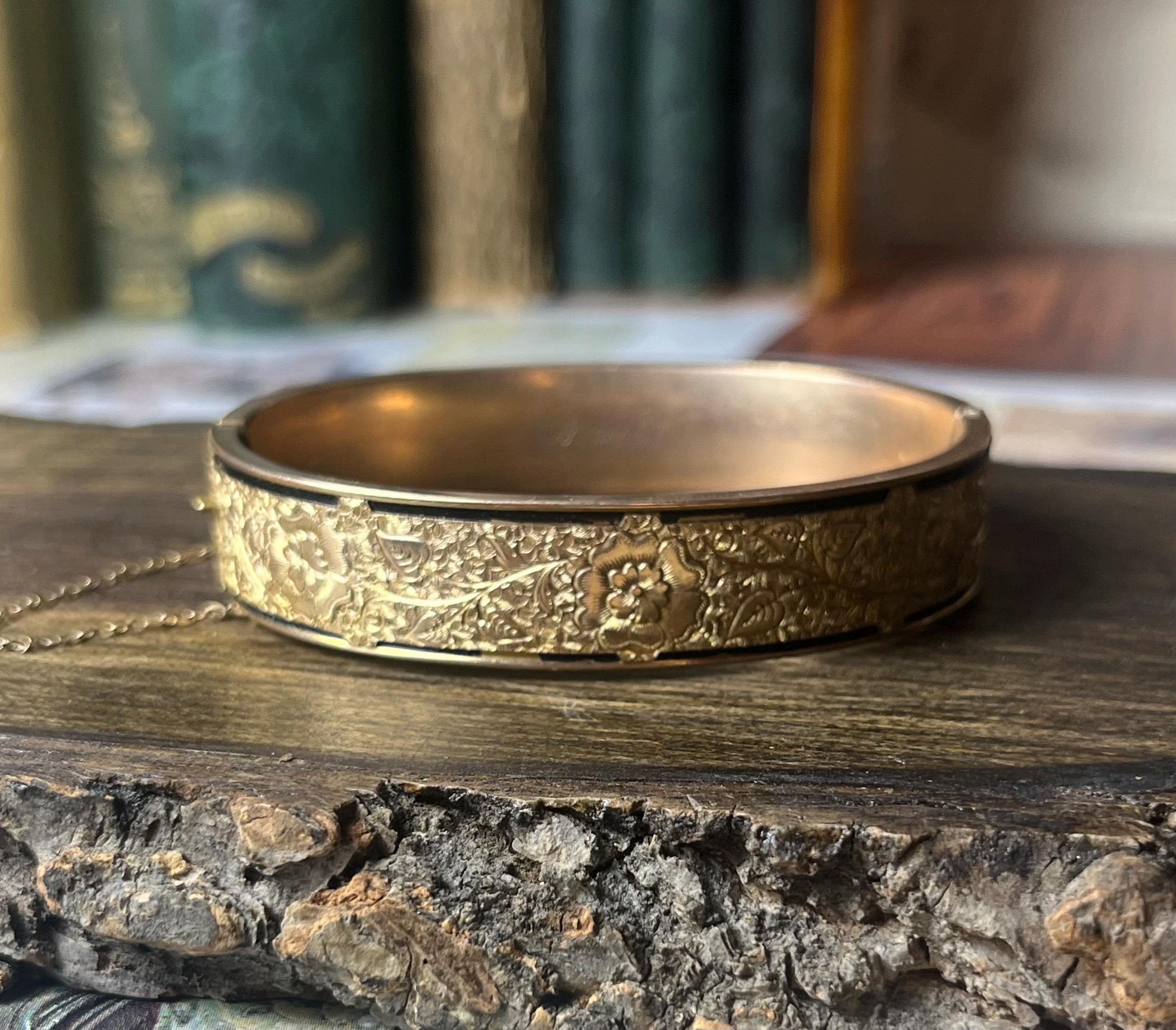 Antique Floral Gold Filled Dunn Bros Bangle Bracelet With Black