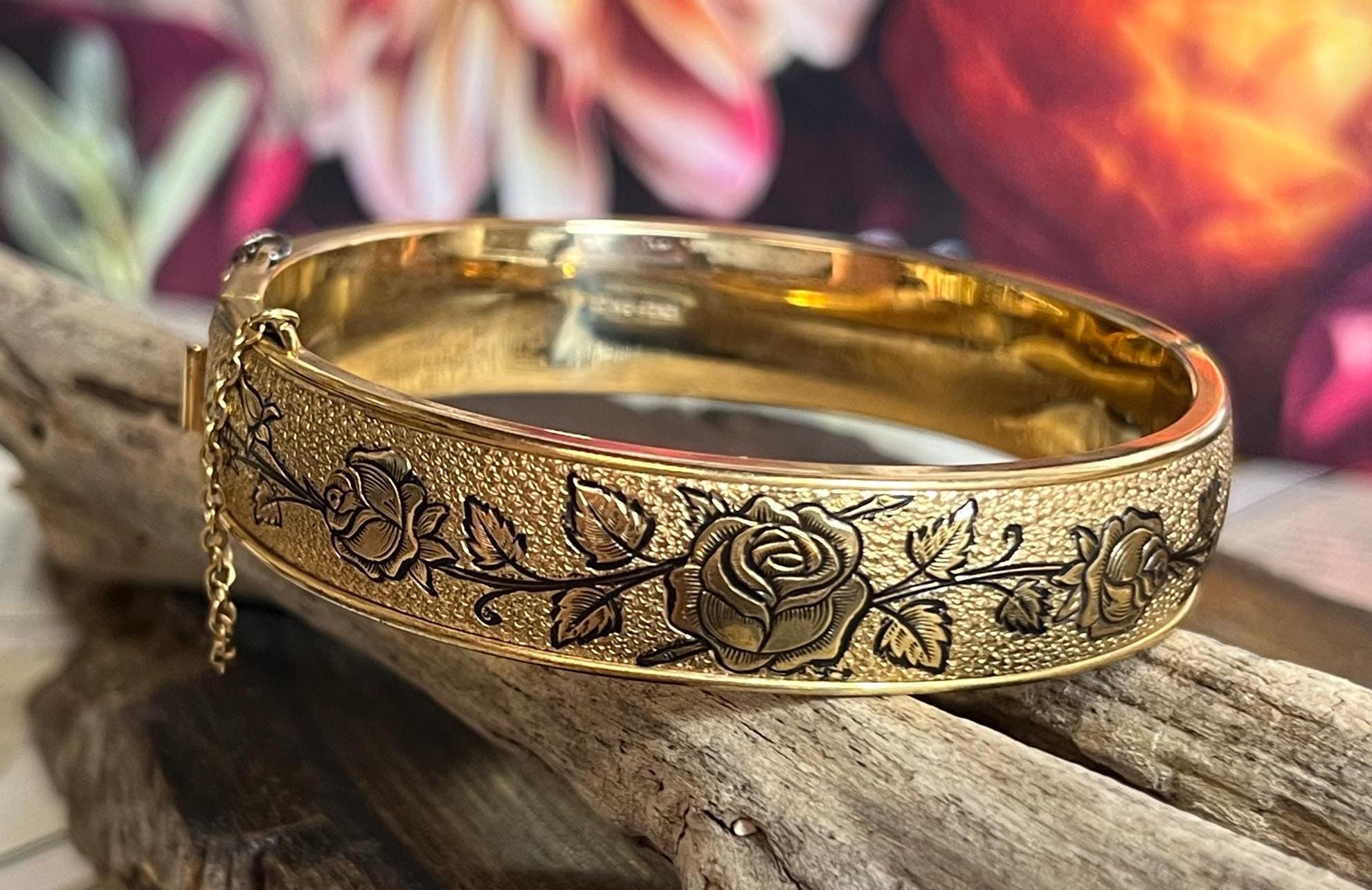 Vintage Hinged Bangle With Black Enamel Rose Pattern Gold Filled