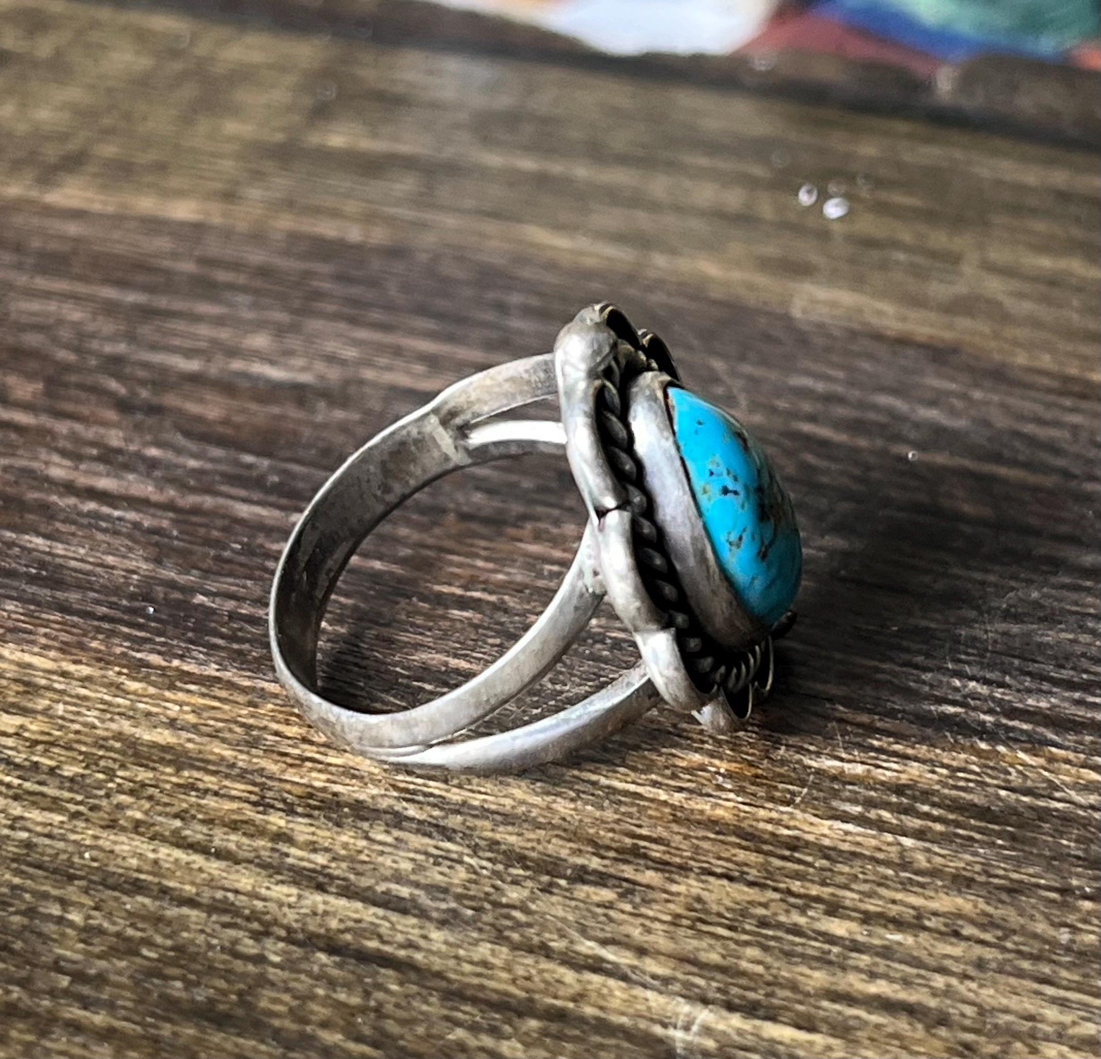 Turquoise Ring Sterling Silver Size 7 Signed AJB Rose & Allen Joe