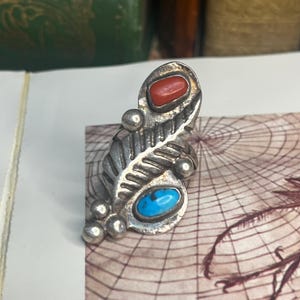Vintage Sterling Silver Turquoise & Coral Ring Signed Kohn Size 8.50 V1369