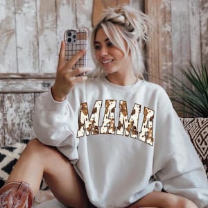 Mama Cowhide Print Crewneck - Western Style Mom Sweatshirt