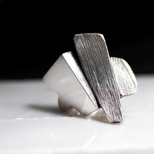 Architecture-Inspired Geometric Textured Silver Ring, Handcrafted Sterling Silver Blackened Statement Ring, Modernist Jewelry