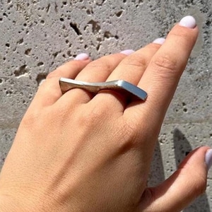 Double Finger Sterling Silver Ring, Contemporary Statement Geometric Design Jewelry, Architecture Inspired Textured and Polished Silver Ring