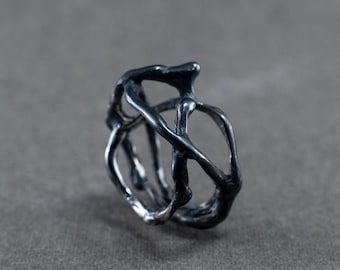Asymmetrical Sterling Silver Ring with Organic Shape Statement Blackened Silver Jewelry, Modern Architectural Design Perfect Gift for Her