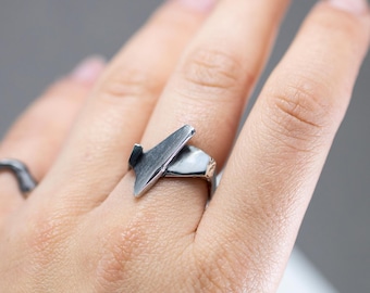 Asymmetric Sterling Silver Ring Inspired by Architecture, Textured & Polished  Silver Jewelry Everyday Wear Ring Gift for Her
