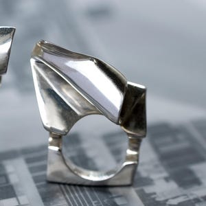 Bold Sculptural Chunky Ring, Modern Brutalist Silver Jewelry, Architectural Statement Piece, Handmade Sterling Silver Ring