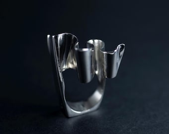 Sculptural Sterling Silver Ring – Modern Architectural Statement Jewelry, Bold Fluid Design Gift
