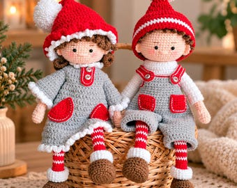 Crochet Christmas Doll Pair, Amigurumi Boy and Girl, Holiday Shelf Sitters, Winter Decor