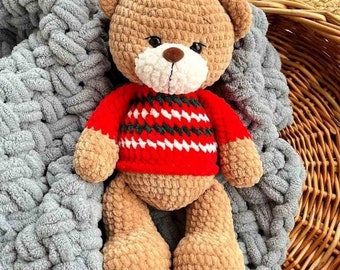 Crochet Christmas Teddy Bear, Amigurumi Bear in Red Sweater, Holiday Plush, Winter Gift