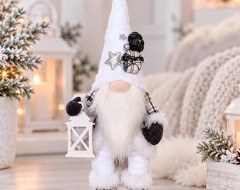 White Christmas Gnome with Lantern, Scandinavian Tomte Doll, Winter Shelf Decor