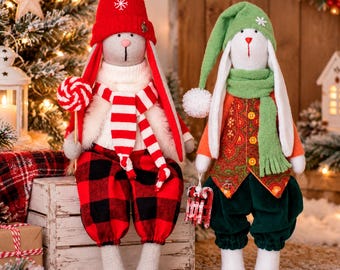 Christmas Bunny Doll Pair, Long Legged Rabbit Shelf Sitters, Winter Home Decor, Bunny Lover Gift