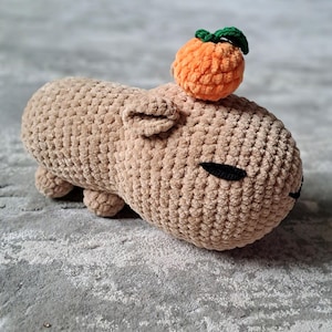 Plush Crochet Capybara Toy with Pumpkin – Handmade Amigurumi Animal – Soft Stuffed Capybara Plushie – Cute Gift for Kids & Adults