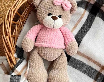 Crochet Teddy Bear Plush, Girl Amigurumi Bear in Pink Sweater, Soft Stuffed Animal, Nursery Decor