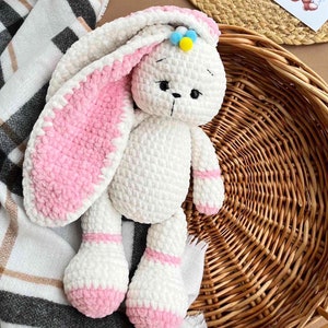 Handmade Crochet Bunny Plush – Soft Pink and White Amigurumi Rabbit, Cute Stuffed Animal Toy, Baby Shower Gift, Nursery Decor
