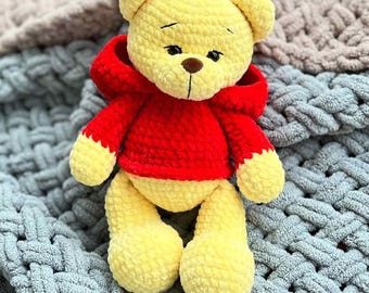 Ours en peluche au crochet, ourson amigurumi à capuche rouge, peluche douce