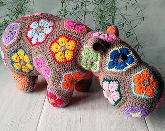 Crochet Hippo Plush, African Flower Hippopotamus, Colorful Amigurumi Animal, Boho Nursery Decor