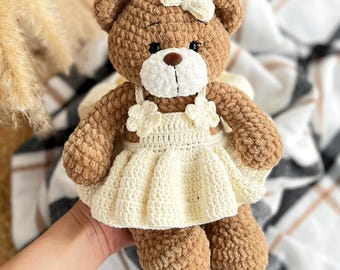 Teddy Bear in Crochet Dress, Handmade Amigurumi Plush, Soft Nursery Gift