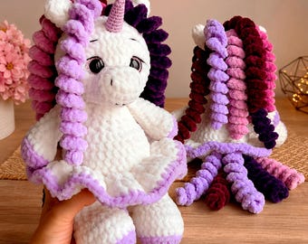 Crochet Unicorn Plush, Amigurumi Unicorn with Curly Mane, Pastel Fantasy Stuffed Animal