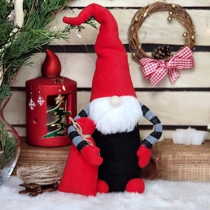Handmade Christmas Gnome with Red Hat and Gift Bag – Scandinavian Santa Shelf Decor – Holiday Winter Plush Doll – Rustic Santa Gnome