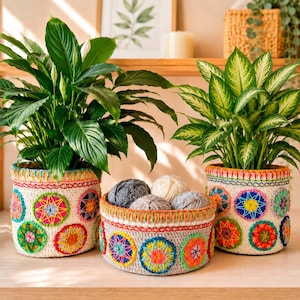 May include: Three crochet plant pots with colourful embroidered designs. The pots hold green plants and yarn balls. The pots are white with colourful embroidered circles and a rainbow trim. The pots are on a wooden surface.
